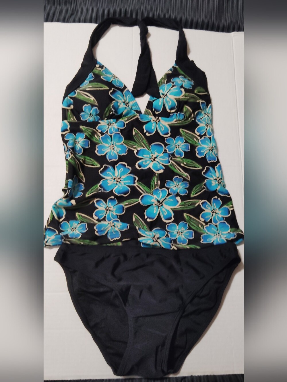 Floral Halter Tankini Swim Set - Black with Blue Flower Print
